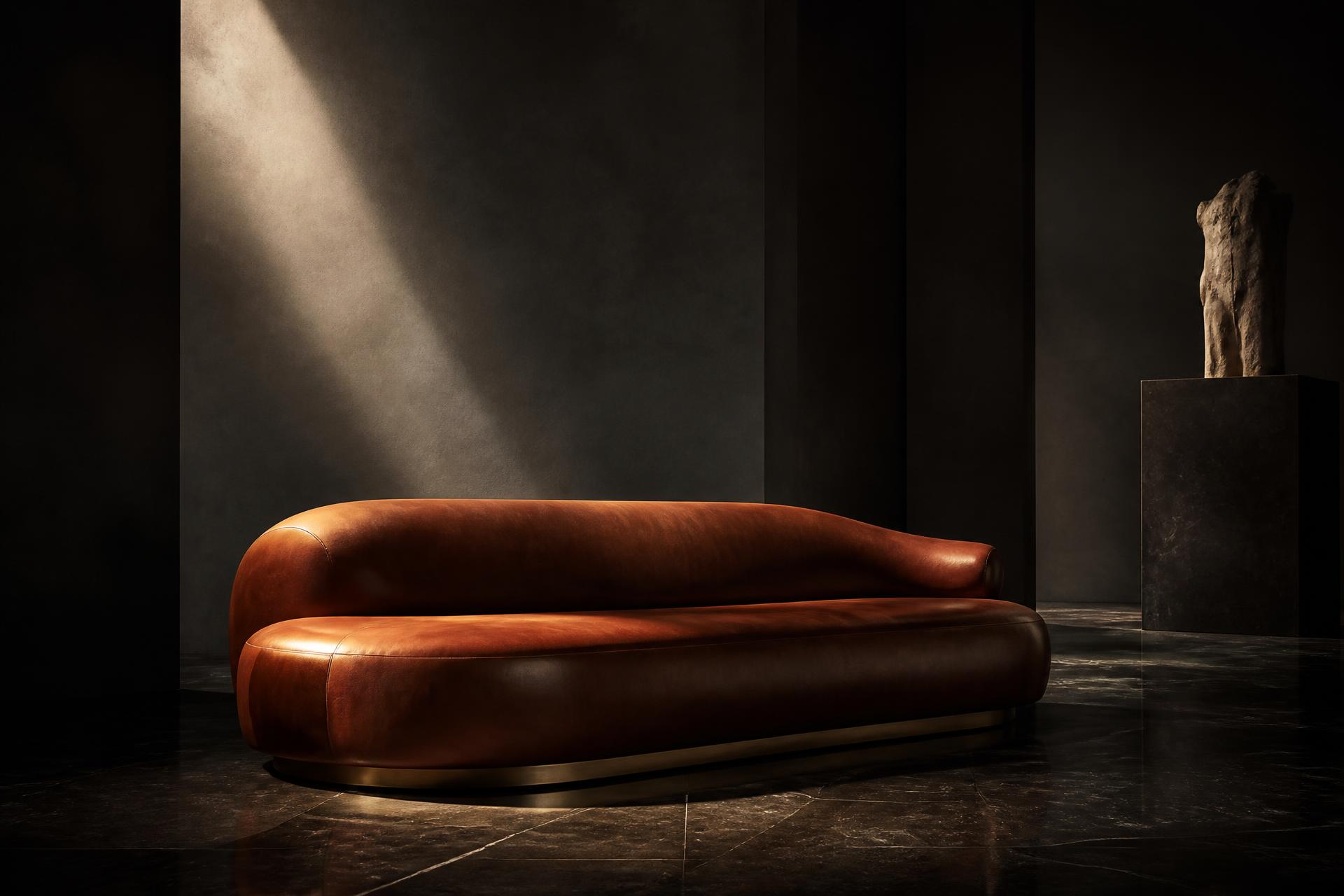 A sculptural cognac leather sofa lit by a single shaft of light in a dark gallery